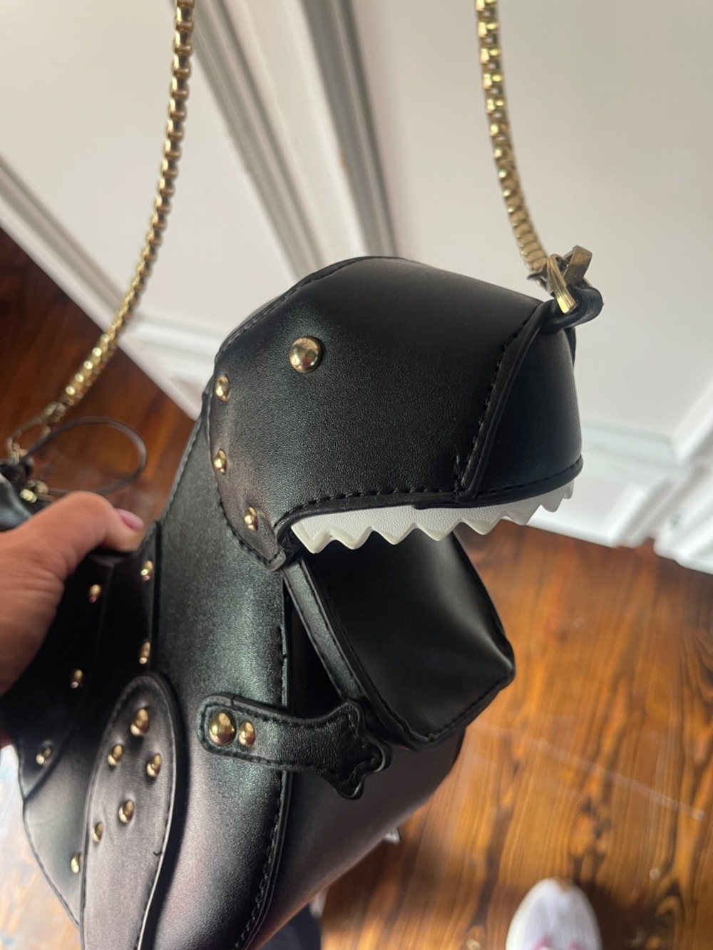 Black Novelty Dinosaur Crossbody Bag with Gold Chain - Picture 2 of 3